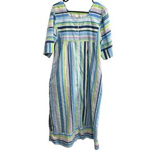 Cozee Corner Womens Striped Cotton Blend Dress Robe Blue Green Size M